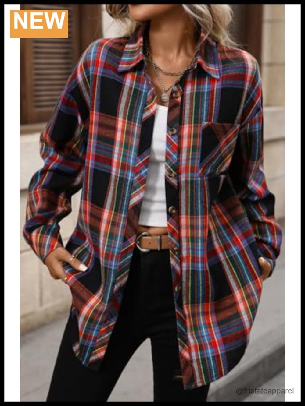 Women's Oversized Flannel Shirt Button Down Long Sleeve Plaid Shacket Blouse - Picture 5 of 6
